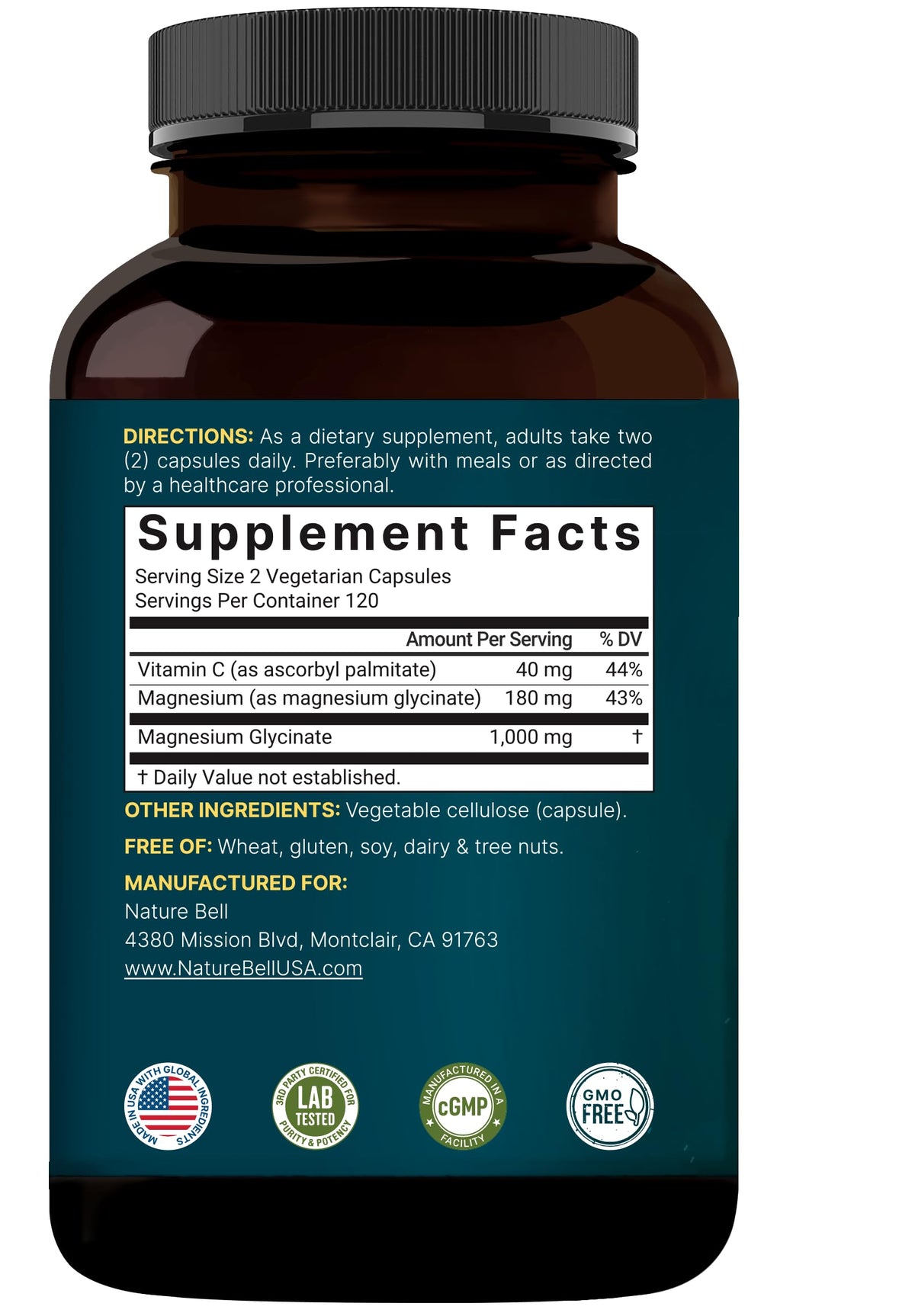NatureBell Magnésium Glycinate 1000 mg avec vitamine C sur fond neutre