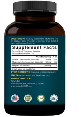 NatureBell Magnésium Glycinate 1000 mg avec vitamine C sur fond neutre