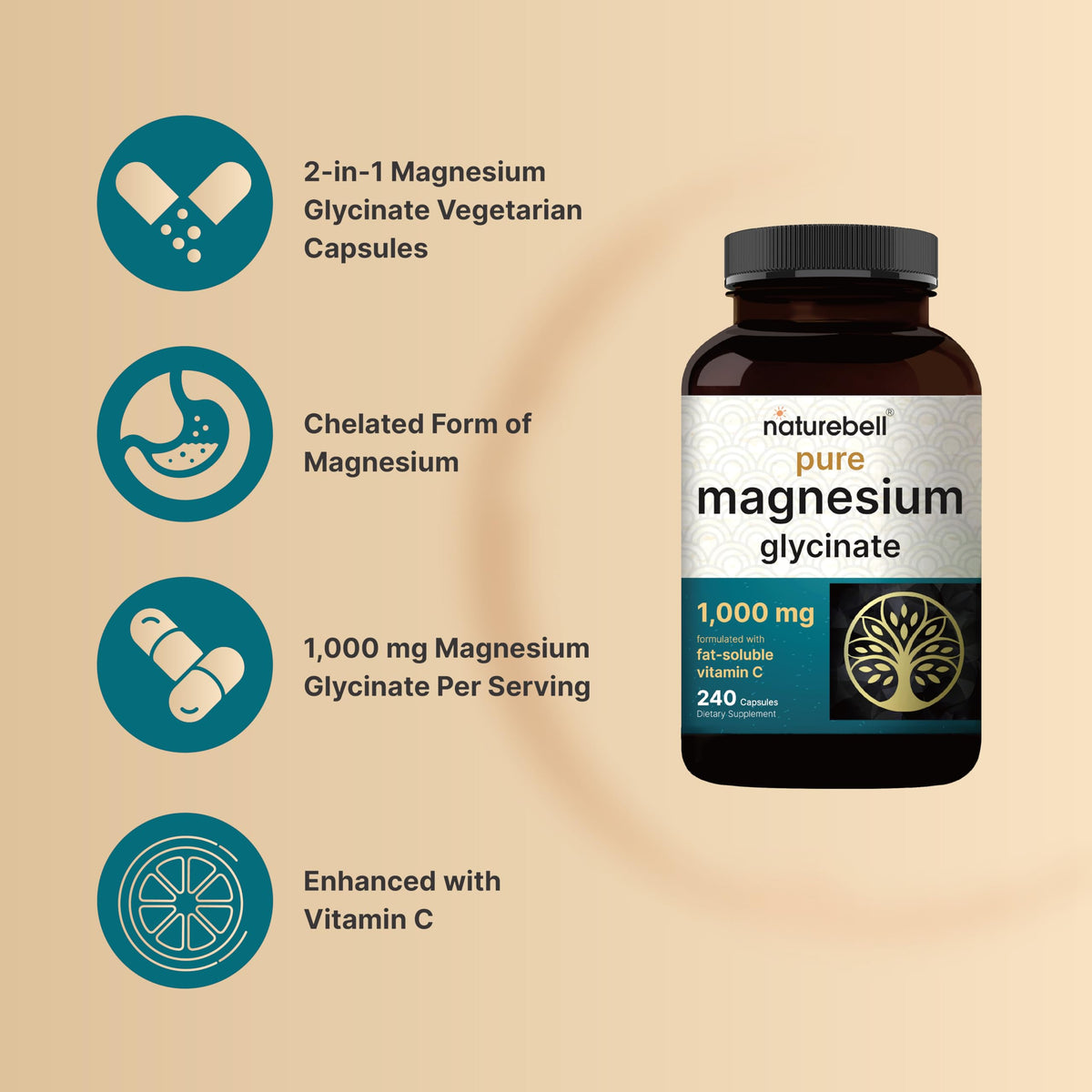 NatureBell Magnésium Glycinate 1000 mg montrant le dosage par capsule
