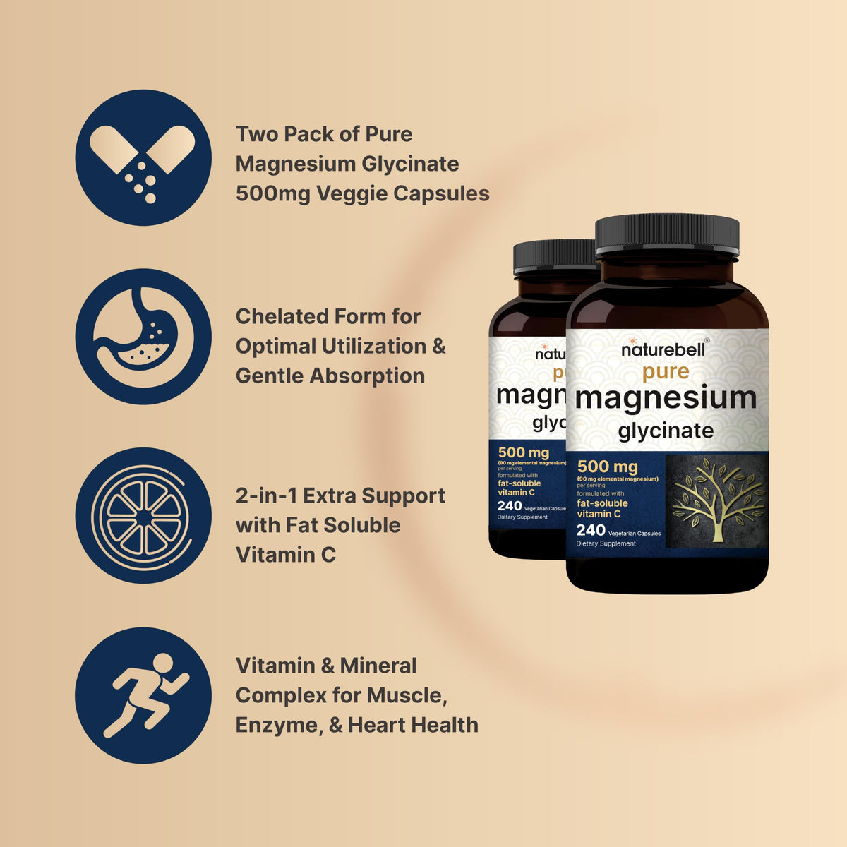 NatureBell Magnésium Glycinate Pur 500mg, capsules végétales