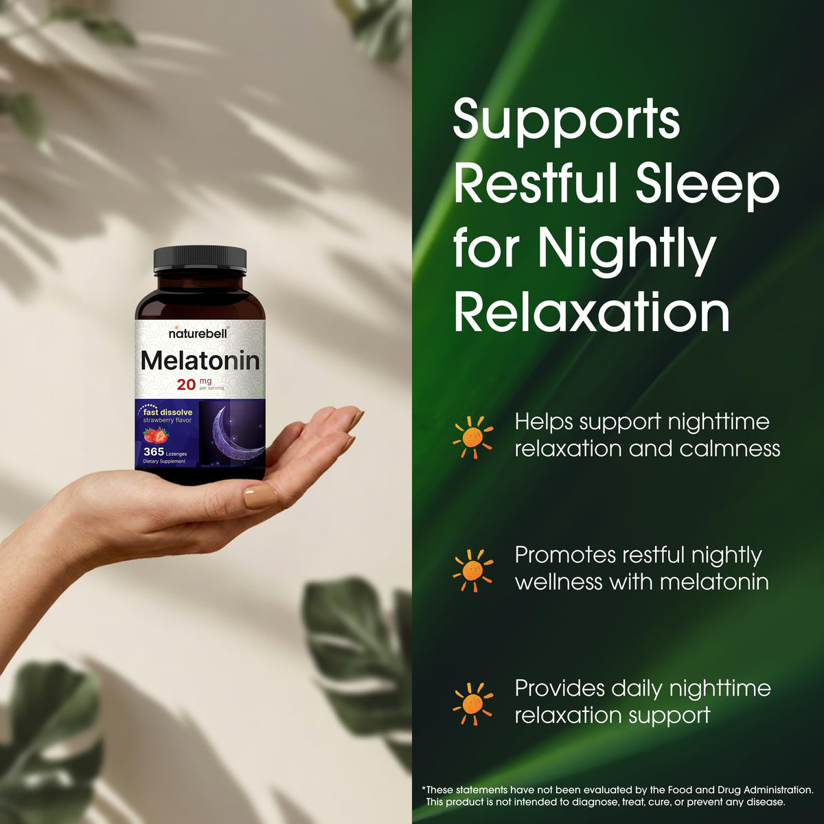 NatureBell Mélatonine 20mg flacon ouvert avec pastilles