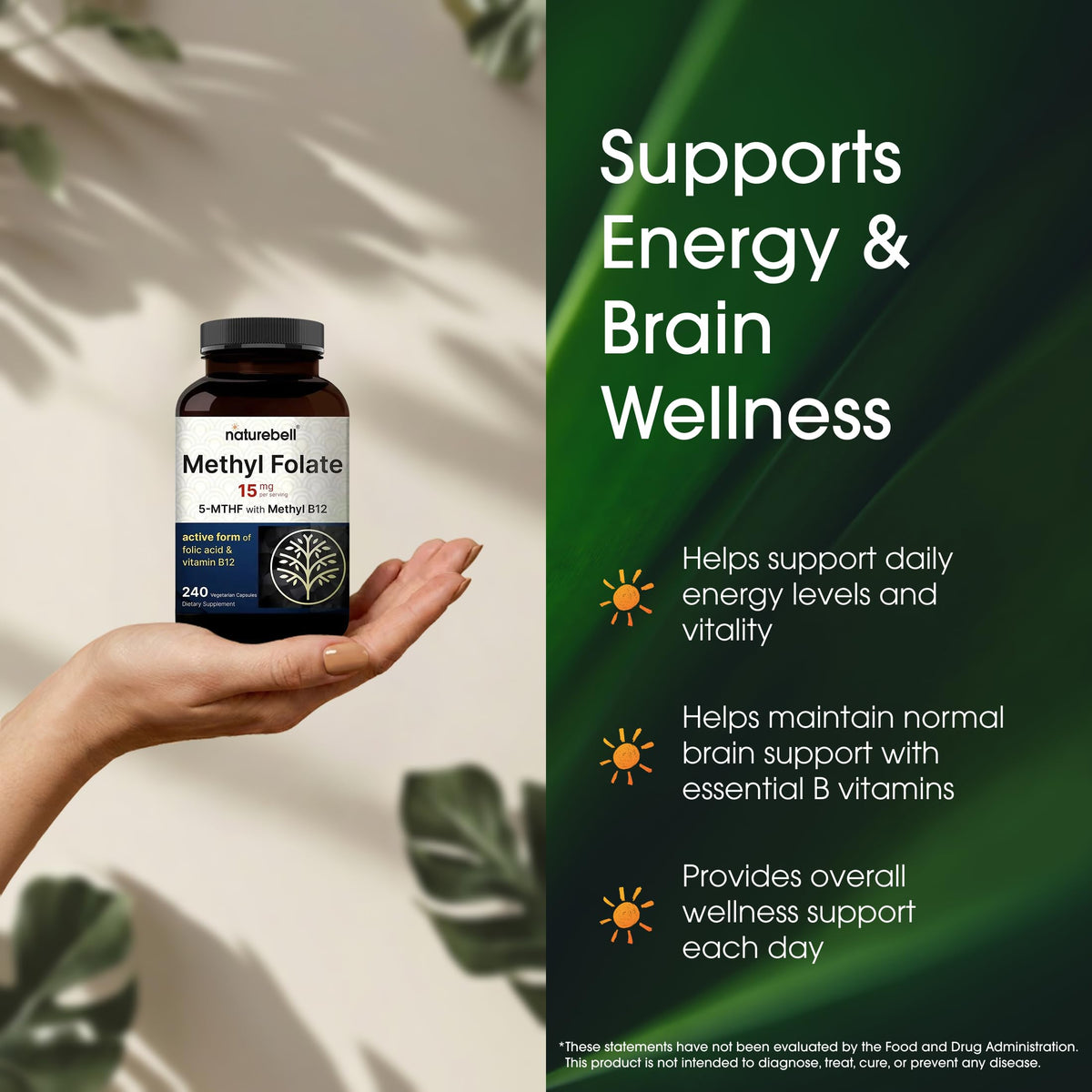 NatureBell Methyl Folate 15mg, capsules dans un bol