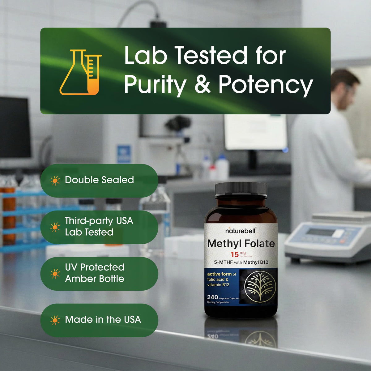 NatureBell Methyl Folate 15mg, capsules sur une table en bois