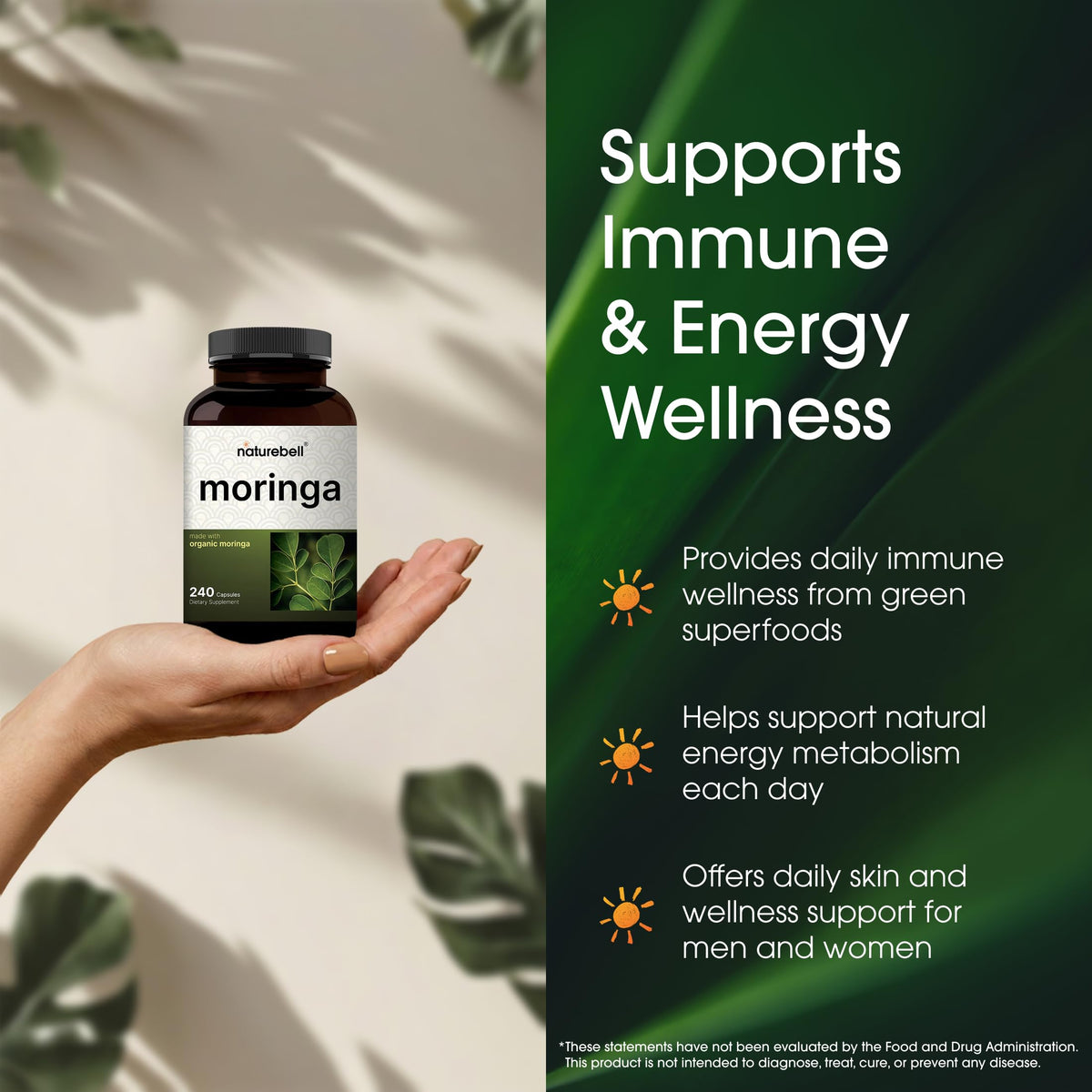 NatureBell Moringa 8 000 mg capsules sur une table en bois