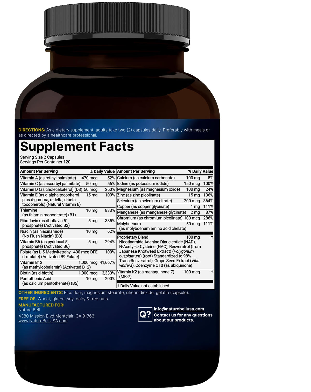 NatureBell Multivitamines Méthylées, vue arrière de l'emballage