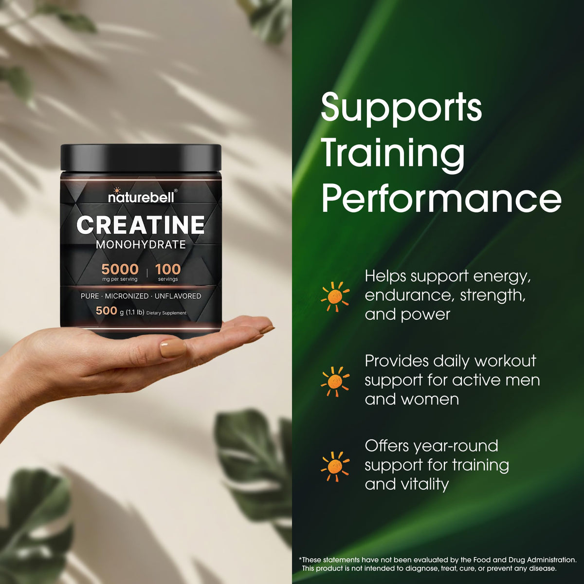 NatureBell Poudre de Créatine Monohydrate Micronisée 500g avec une cuillère