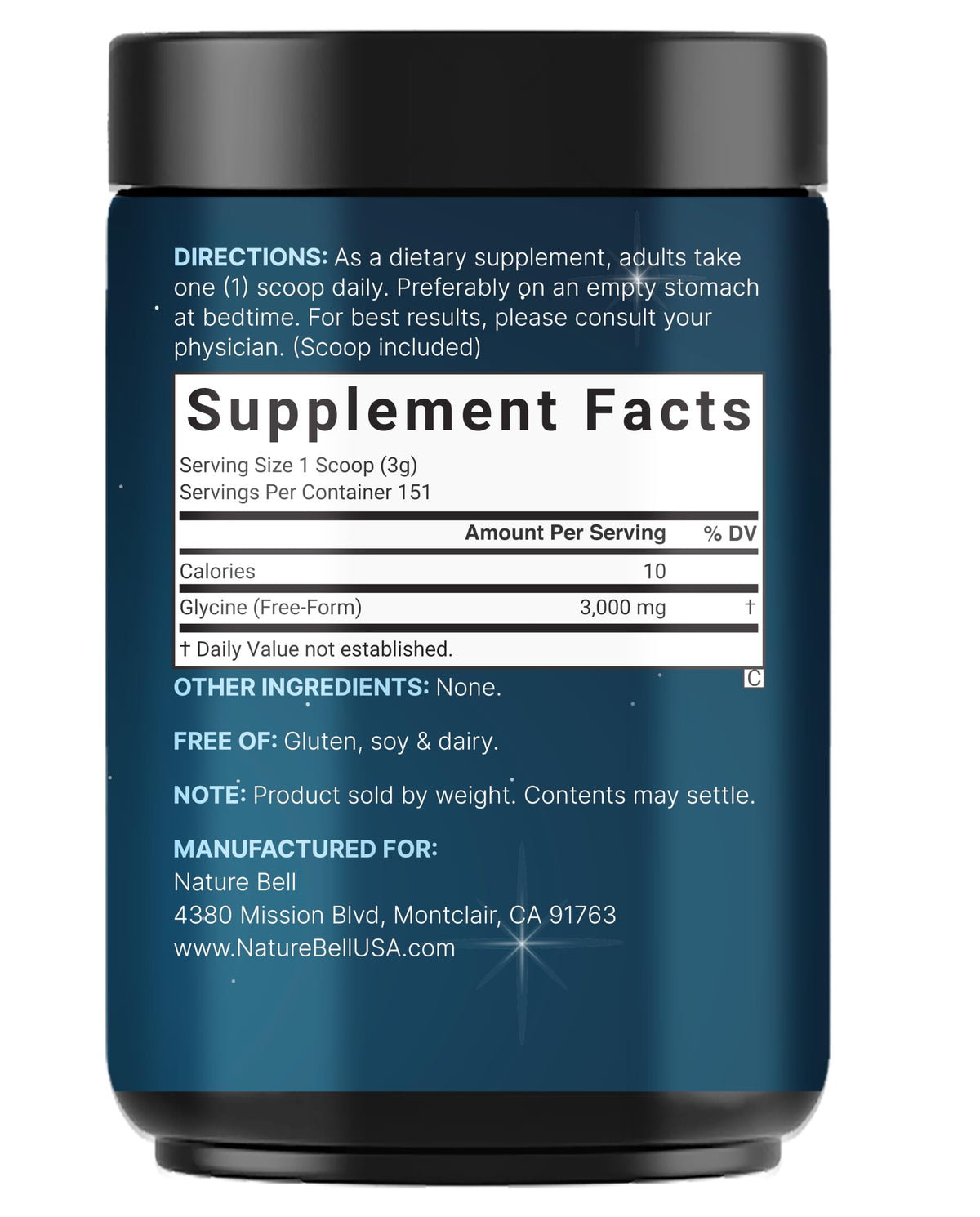 NatureBell Poudre de Glycine Pure 540g nutrition facts
