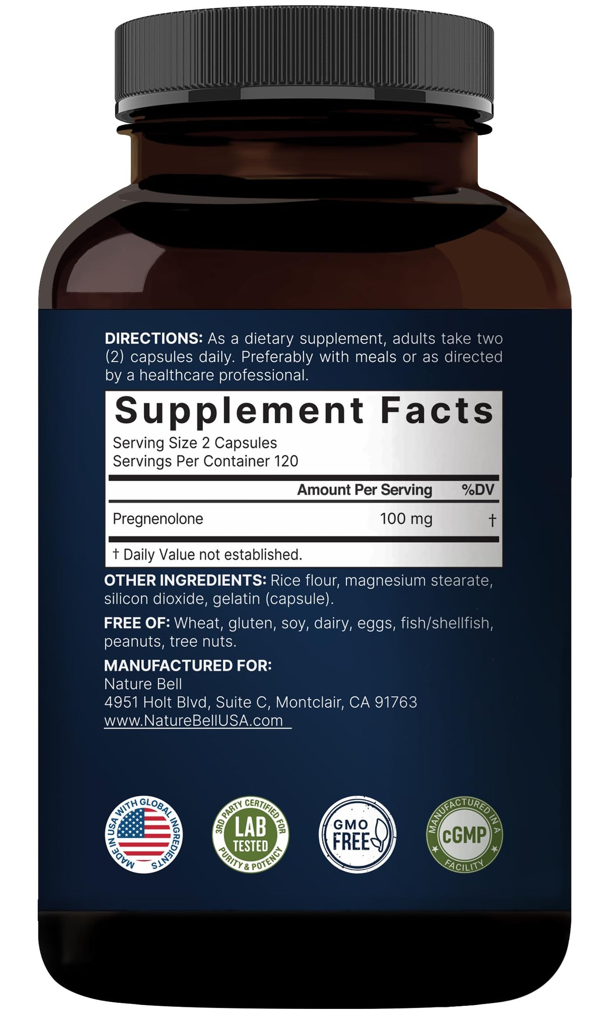 NatureBell Pregnenolone 100mg avec des ingrédients naturels en arrière-plan