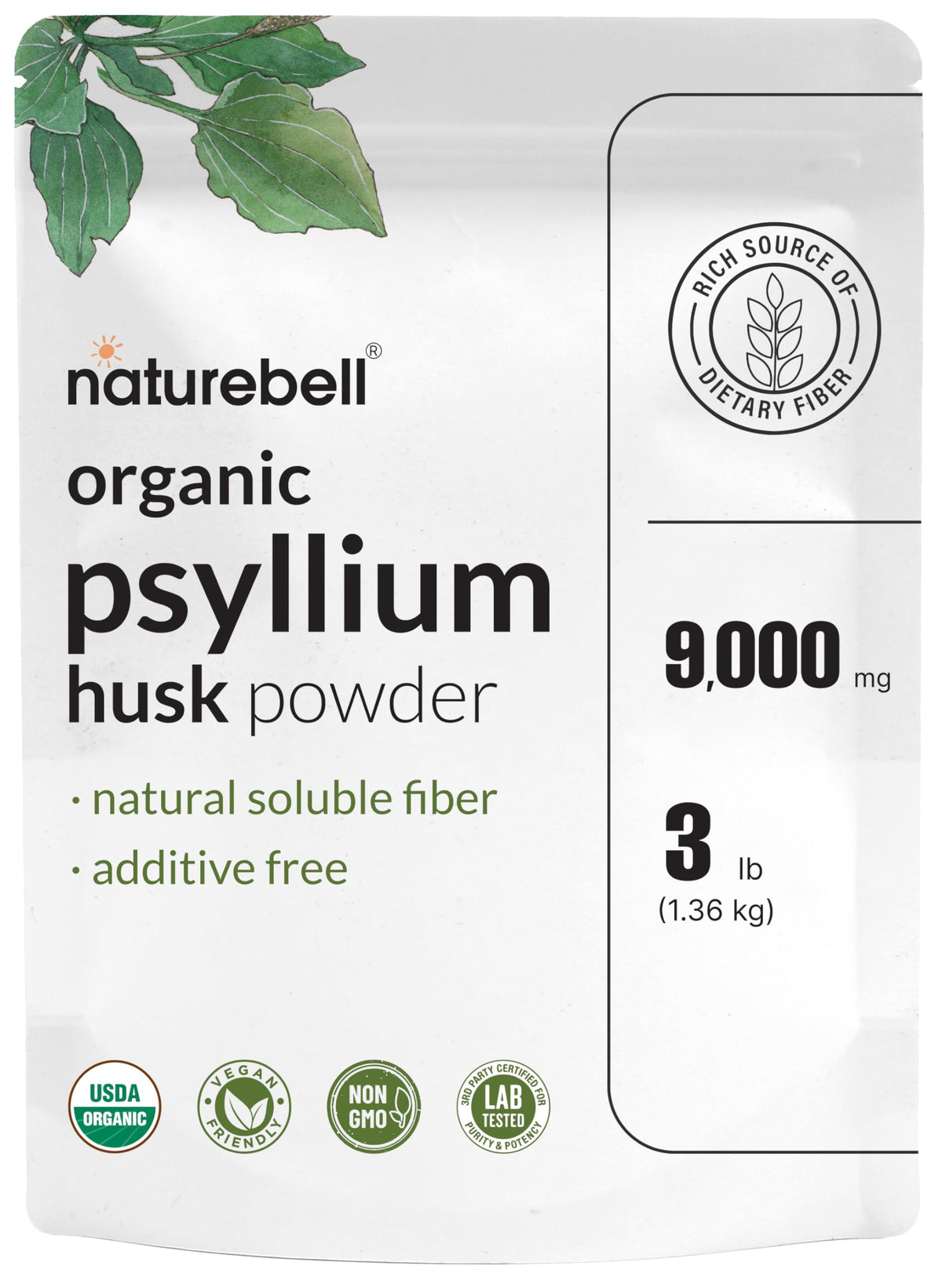NatureBell Psyllium Husk 3lb Poudre Bio vue de face