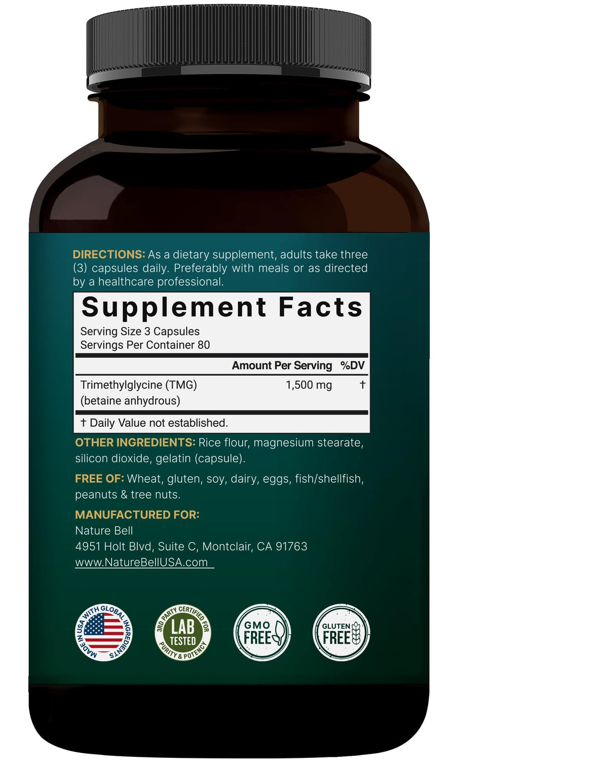 NatureBell TMG 1 500 mg, capsules en gros plan