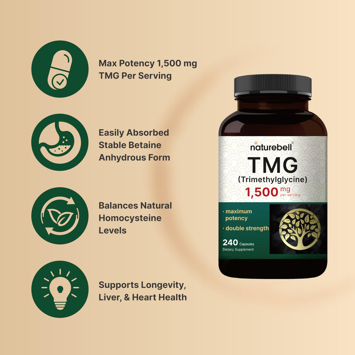 NatureBell TMG 1 500 mg, vue arrière du flacon avec étiquette
