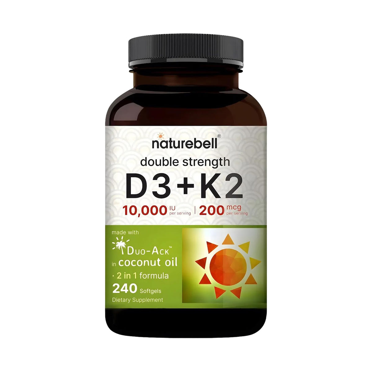 NatureBell Vitamine D3 10 000 UI et K2 200 mcg gélules molles vue avant