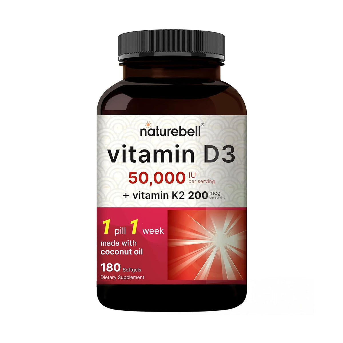 NatureBell Vitamine D3 50 000 UI avec K2 200 mcg, gélules molles en vue de face