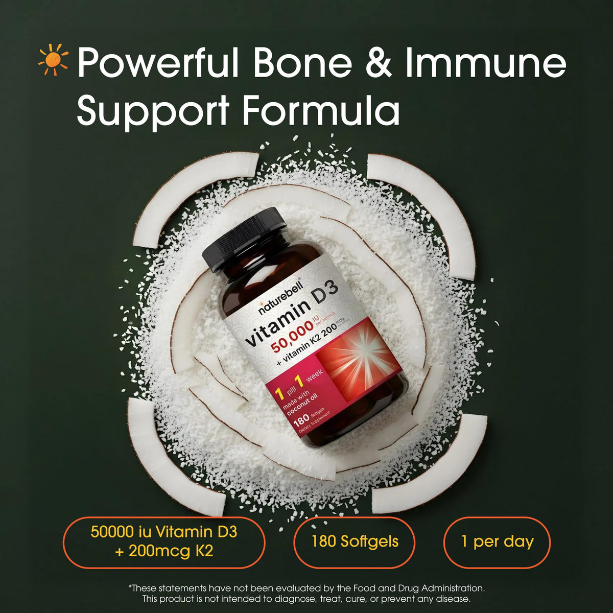 NatureBell Vitamine D3 50 000 UI avec K2 200 mcg, gélules molles en vue de dos