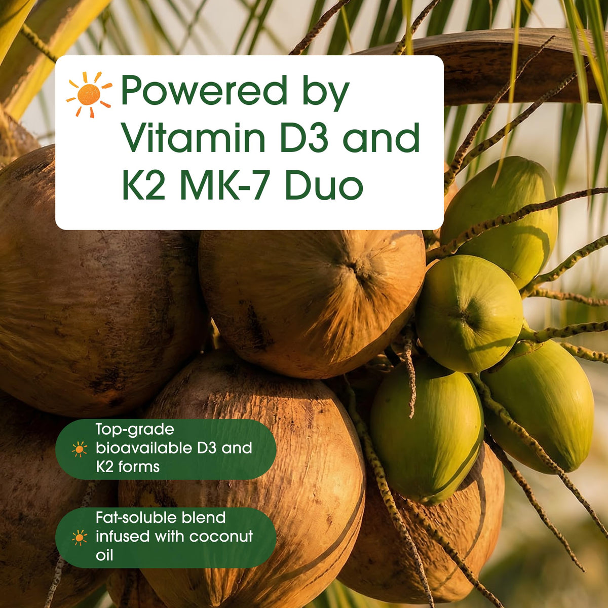 NatureBell Vitamine D3 et K2 avec ingrédients sur une table