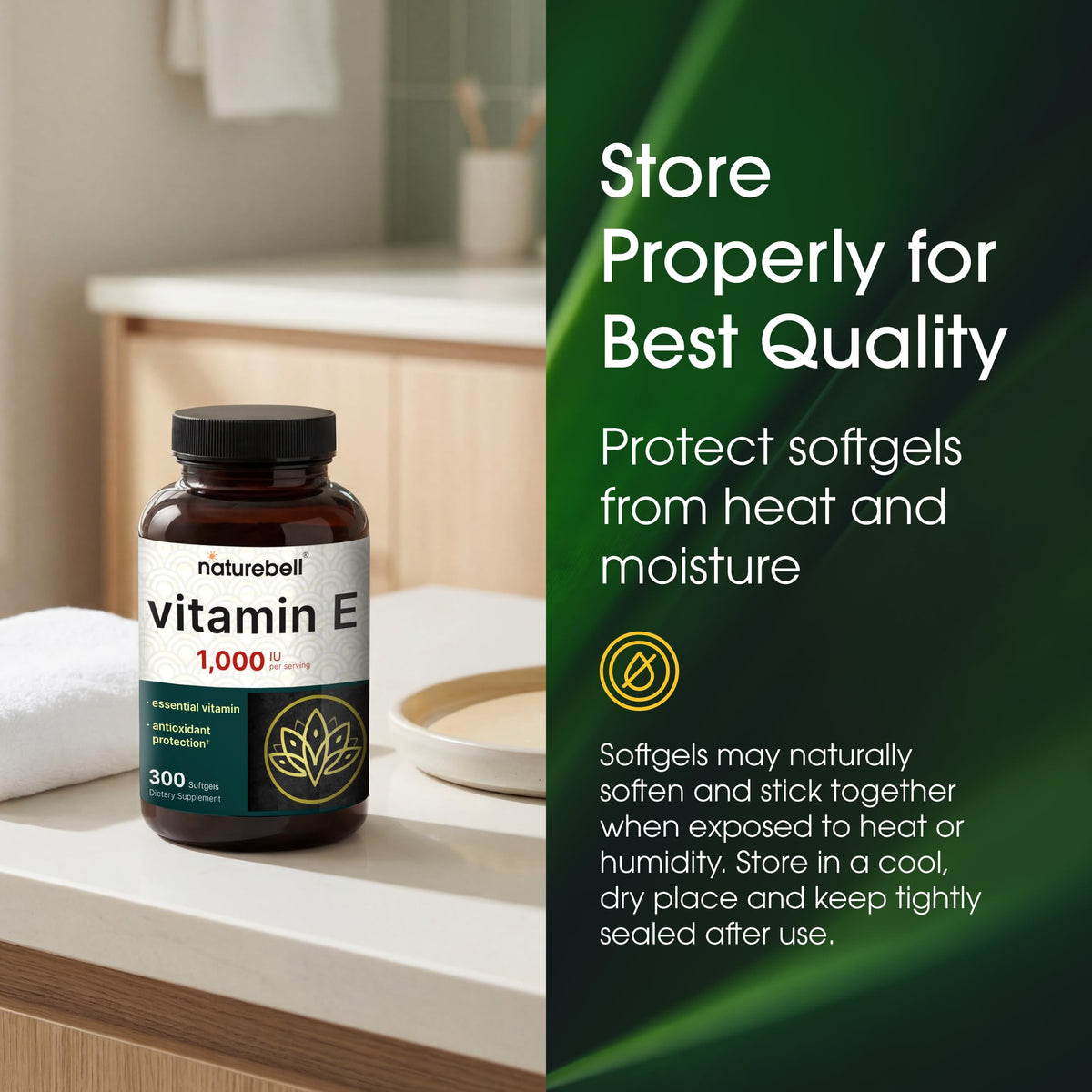 NatureBell Vitamine E 1 000 UI gélules ouvertes sur une table