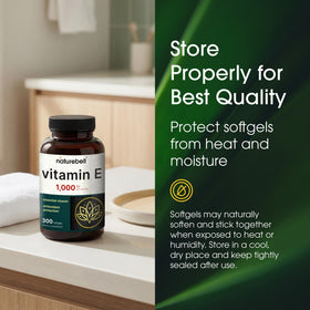 NatureBell Vitamine E 1 000 UI gélules ouvertes sur une table