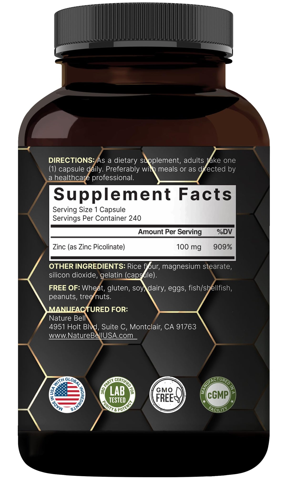 NatureBell Zinc Picolinate 100mg 240 Capsules vue de haut