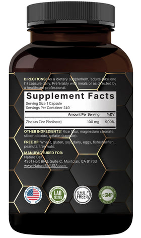 NatureBell Zinc Picolinate 100mg 240 Capsules vue de haut