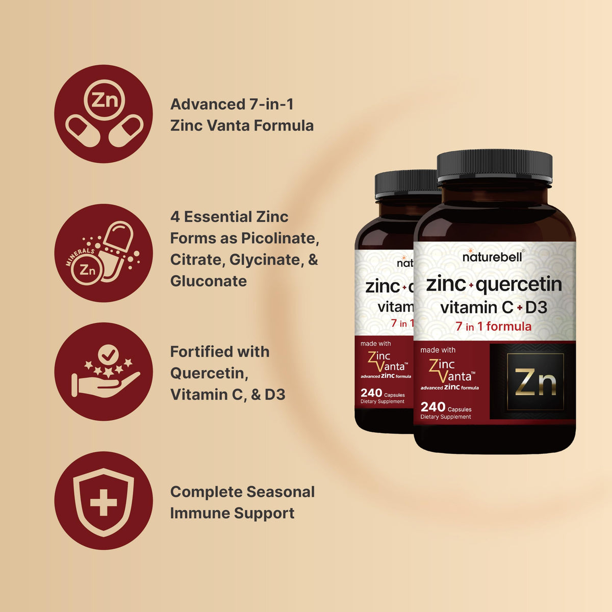 NatureBell Zinc Quercetin 480 capsules, côté avec informations nutritionnelles