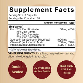 NatureBell Zinc Quercetin 480 capsules, vue arrière de l'emballage