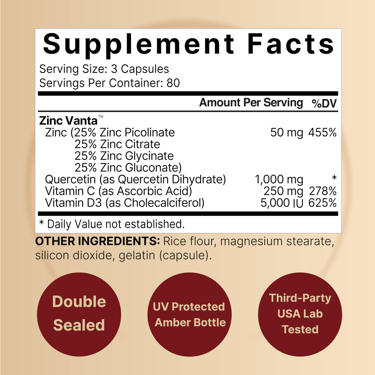 NatureBell Zinc Quercétine 240 capsules avec étiquette détaillée