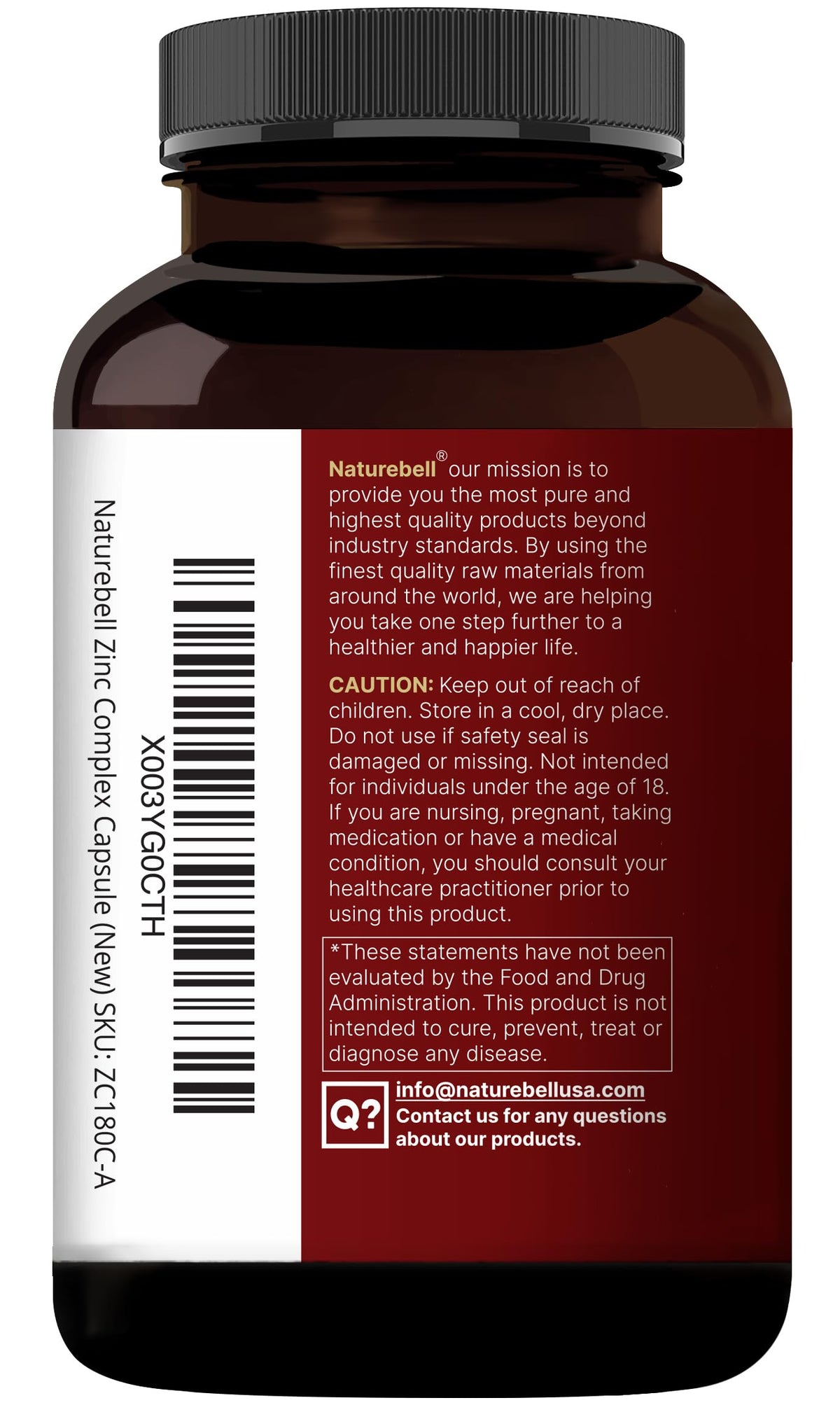 NatureBell Zinc Quercétine 240 capsules avec une main tenant le flacon