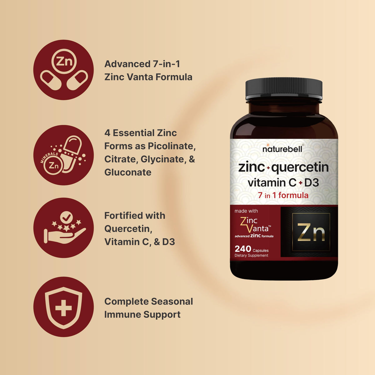 NatureBell Zinc Quercétine 240 capsules sur un fond neutre