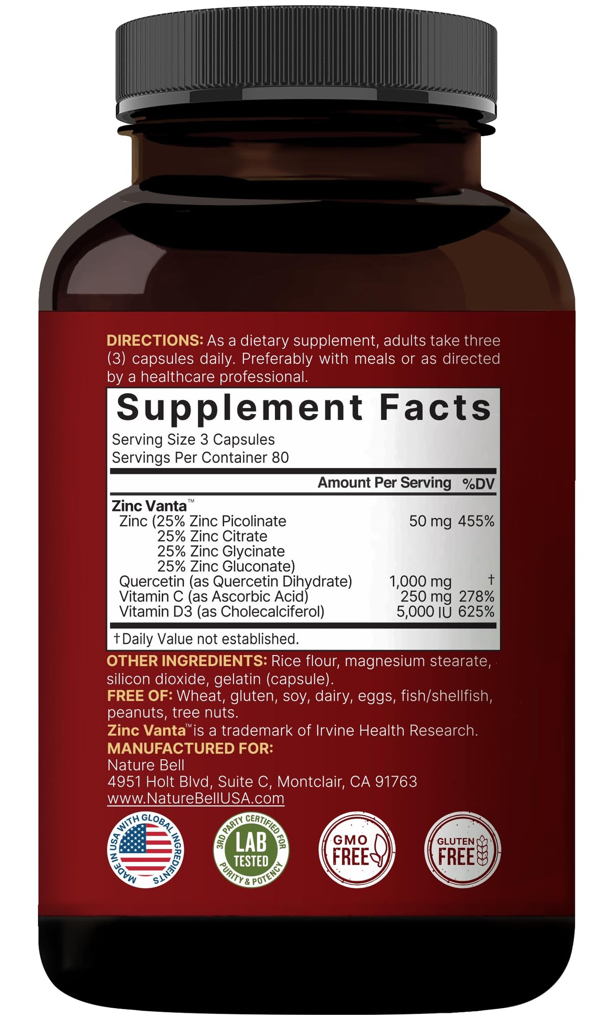 NatureBell Zinc Quercétine 240 capsules sur une table en bois