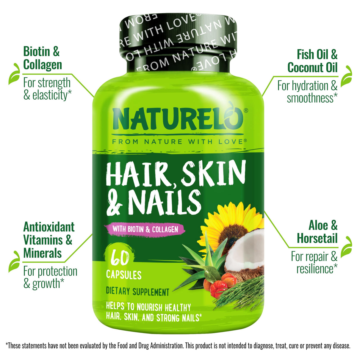 NATURELO Capsules de collagène et biotine pour cheveux, peau et ongles