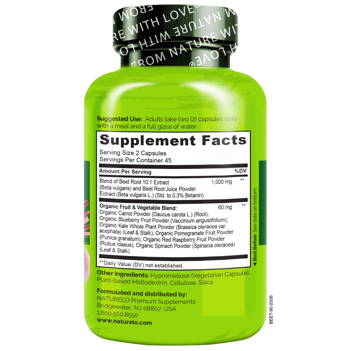 NATURELO Complément Alimentaire Betterave 90 Capsules sur fond blanc