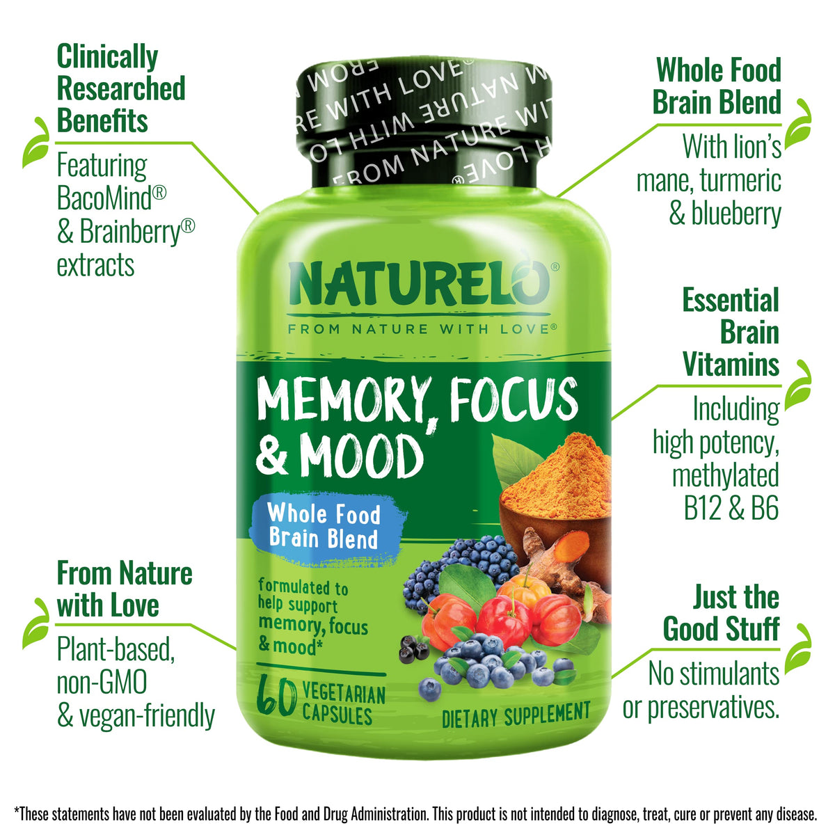 NATURELO Complément Alimentaire Cérébral 60 Capsules avec étiquette
