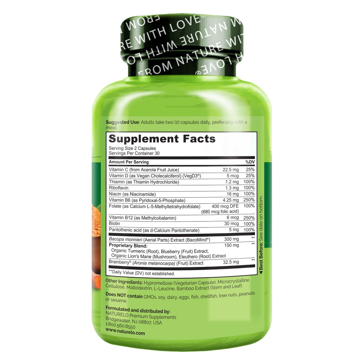 NATURELO Complément Alimentaire Cérébral 60 Capsules sur un fond naturel