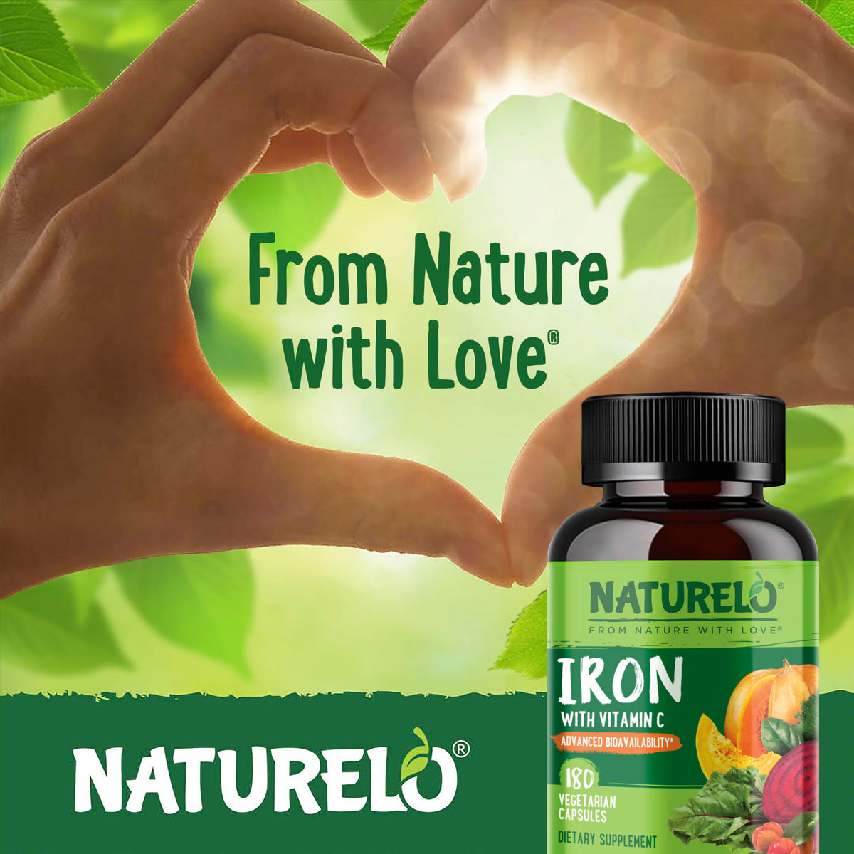 NATURELO Complément Alimentaire Fer Végétal 180 Comprimés avec des ingrédients naturels en arrière-plan