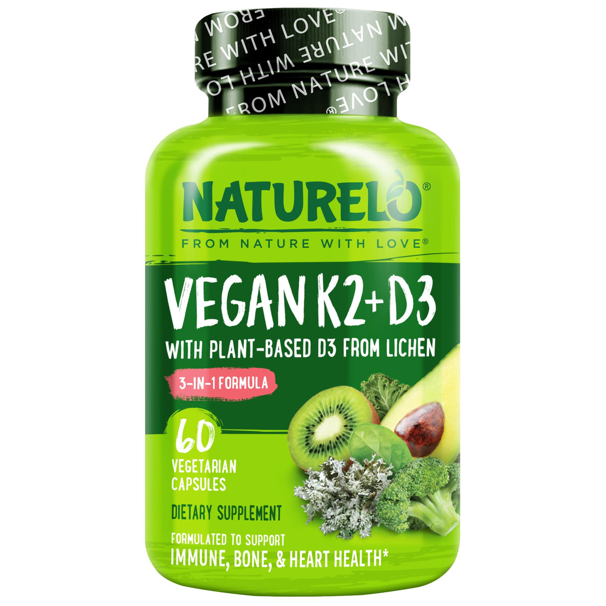 NATURELO Complément Alimentaire Vegan D3 K2 60 Capsules vue de face
