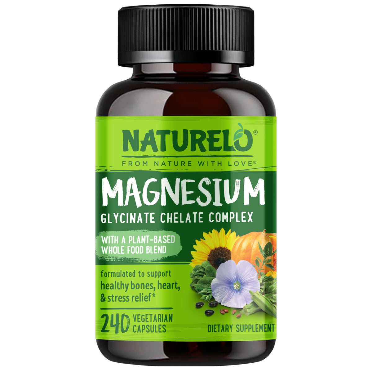 NATURELO Complexe de Glycinate de Magnésium 200 mg - 240 Capsules vue de face
