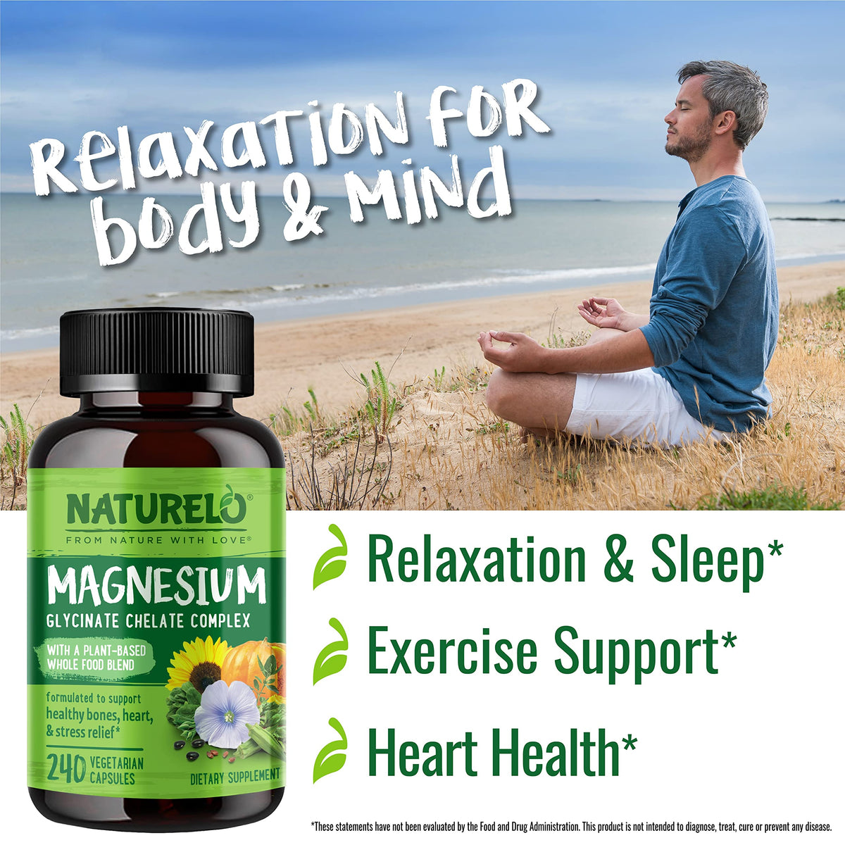 NATURELO Complexe de Glycinate de Magnésium 200 mg capsules sur une table