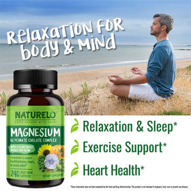NATURELO Complexe de Glycinate de Magnésium 200 mg capsules sur une table