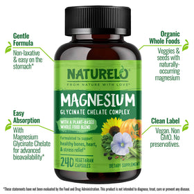 NATURELO Complexe de Glycinate de Magnésium 240 Capsules étiquette