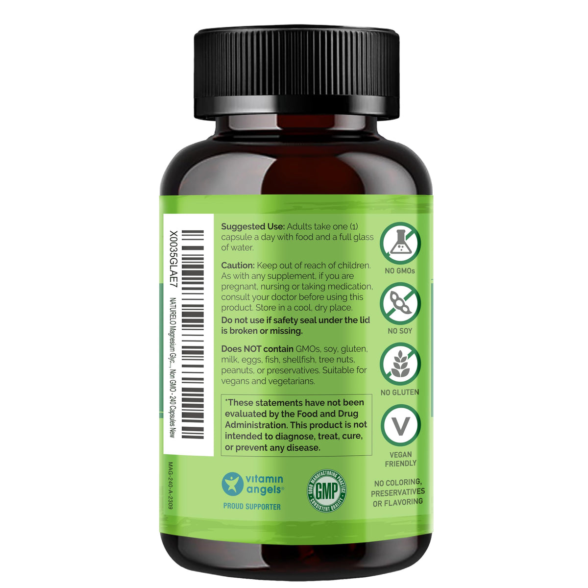 NATURELO Complexe de Glycinate de Magnésium 240 Capsules sur fond blanc