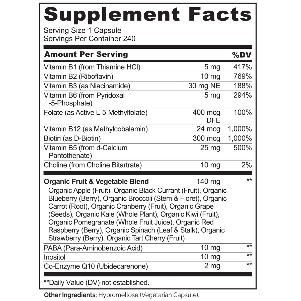 NATURELO complexe de vitamines B 240 gélules sur un fond blanc