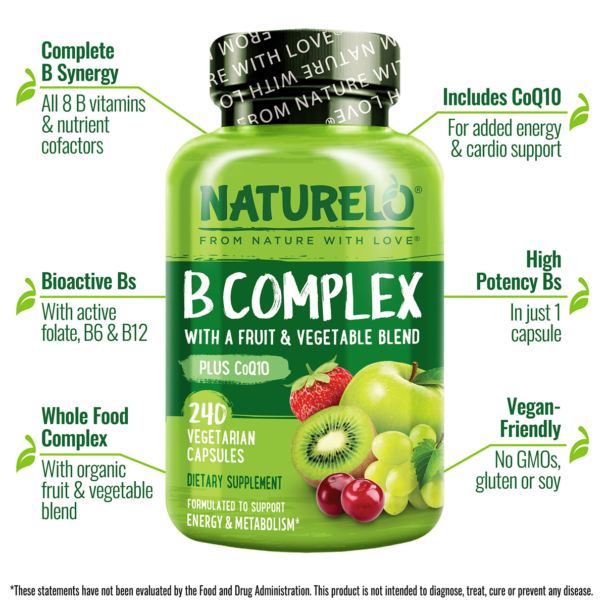 NATURELO complexe de vitamines B avec fruits et légumes biologiques