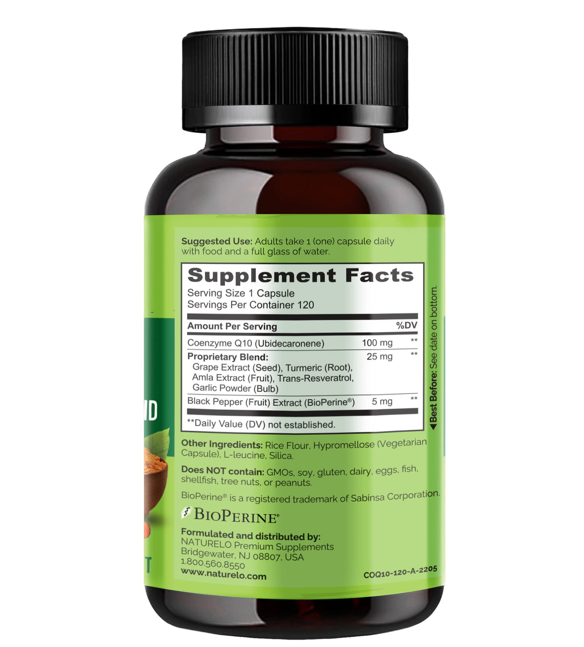 NATURELO CoQ10 120 gélules végétariennes sur fond blanc