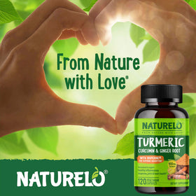 NATURELO Curcuma Bio, capsules sur une table avec des plantes