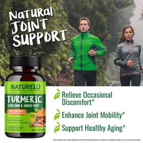 NATURELO Curcuma Bio, flacon avec capsules en arrière-plan