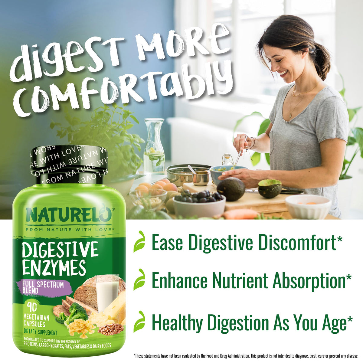 NATURELO Enzymes daily, capsules sur une cuillère en bois