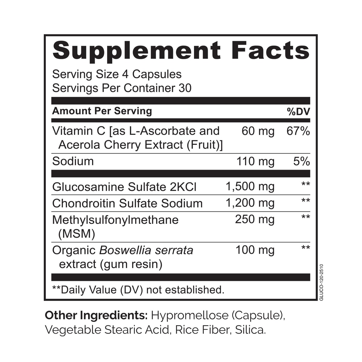 NATURELO Glucosamine Chondroitin MSM 1200 mg côté de l'emballage