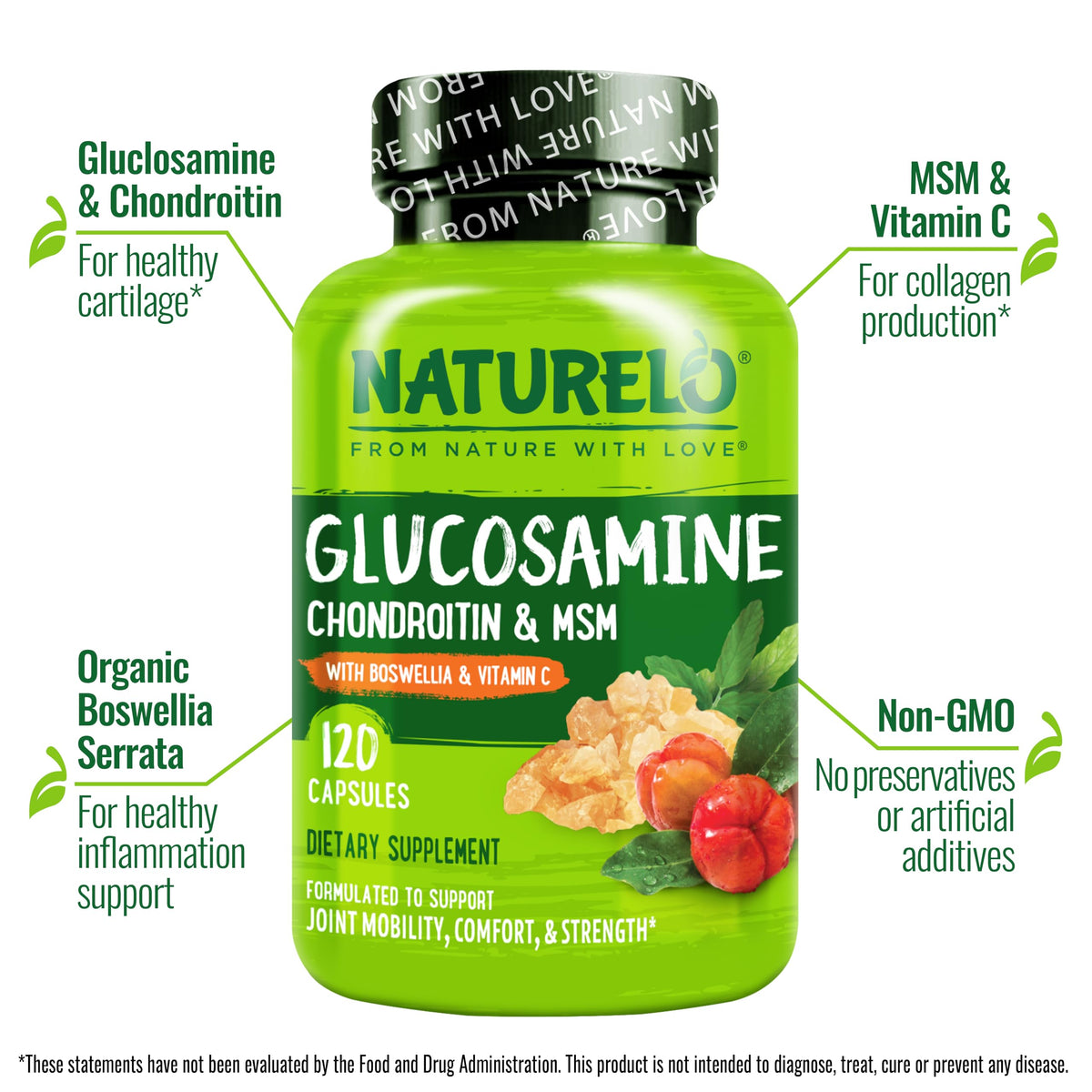 NATURELO Glucosamine Chondroitin MSM, étiquette et informations
