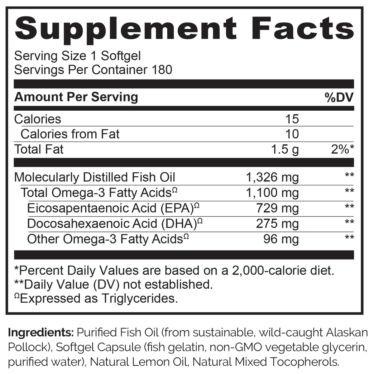 NATURELO Huile de Poisson Omega 3 Burpless 1100mg 180 Gélules avec étiquette