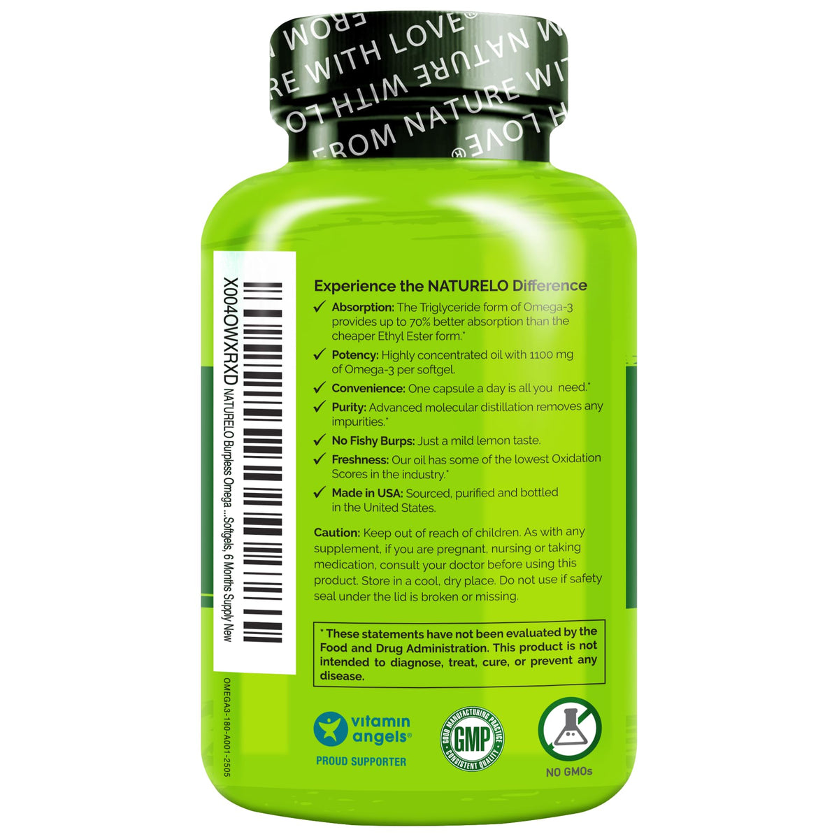 NATURELO Huile de Poisson Omega 3 Burpless 1100mg gélules sur une table